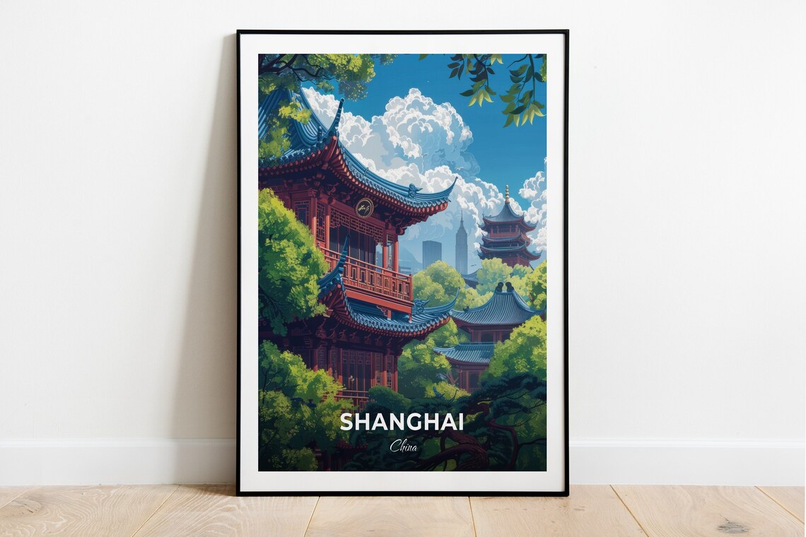 Shanghai Traditional Chinese Pavilion Garden Historic Travel Art Poster