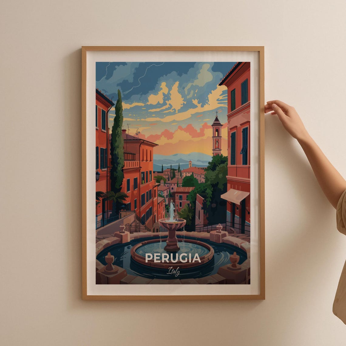 Perugia Italy Historic Fountain Square Old Town Sunset Travel Poster - Image 2