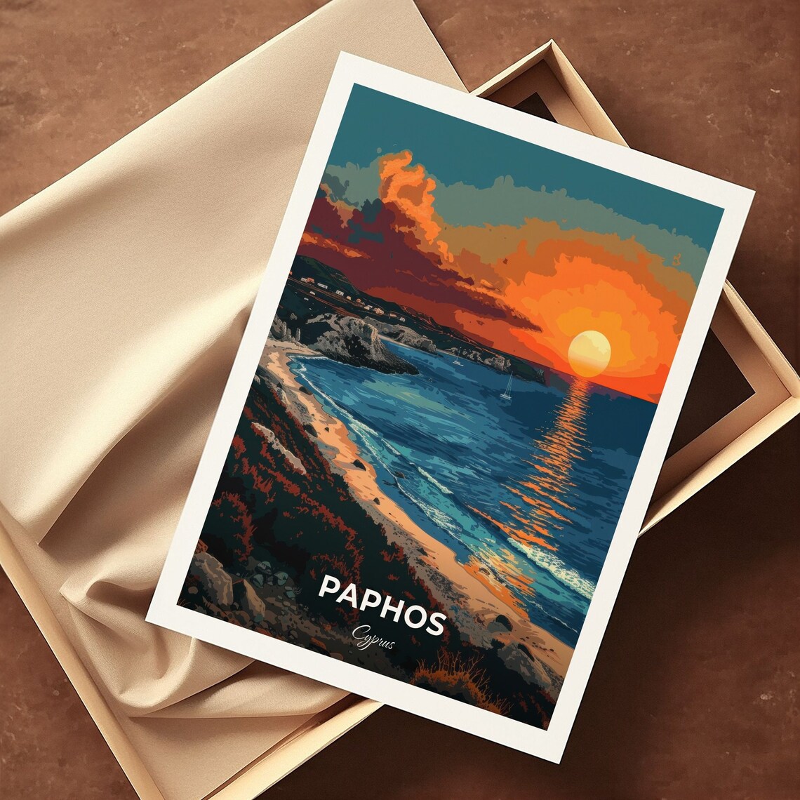 Paphos Cyprus Fiery Ocean Sunset Beach View Travel Art Poster - Image 3