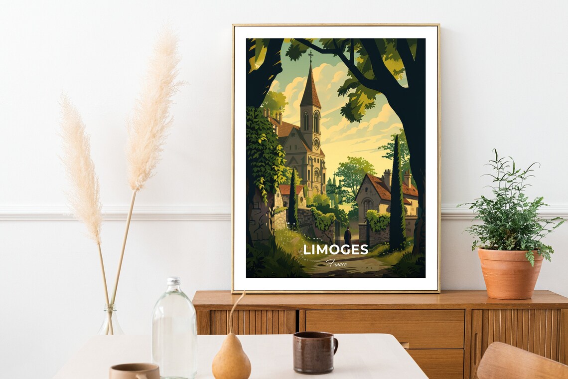 Limoges France Stone Church Spire Among Green Trees Travel Poster - Image 2