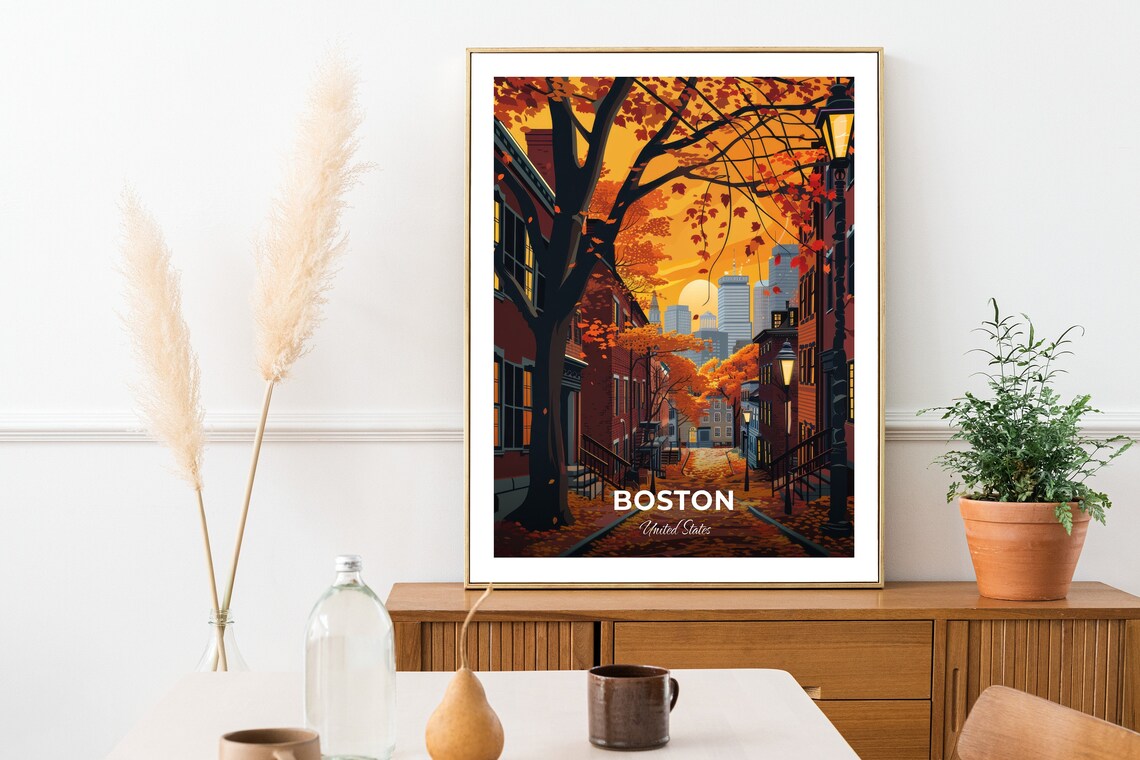 Boston Autumn Street Brick Townhouses Fall Foliage Travel Scene Poster - Image 2