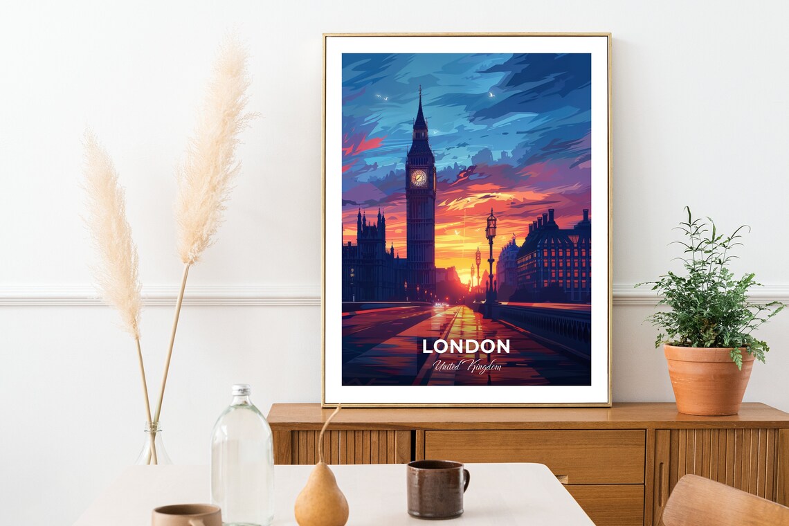 London Big Ben Sunset Westminster Bridge England UK Vintage Travel Poster - Image 2