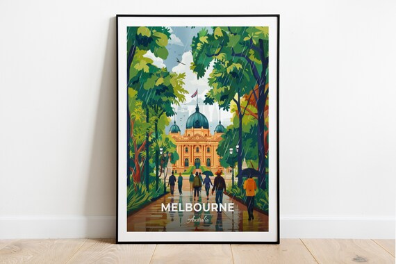Melbourne Domed Heritage Hall Rainy Park Stroll Travel Scene Poster