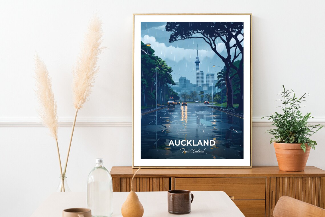 Auckland New Zealand Sky Tower Rainy Street Night Lights Travel Poster - Image 2