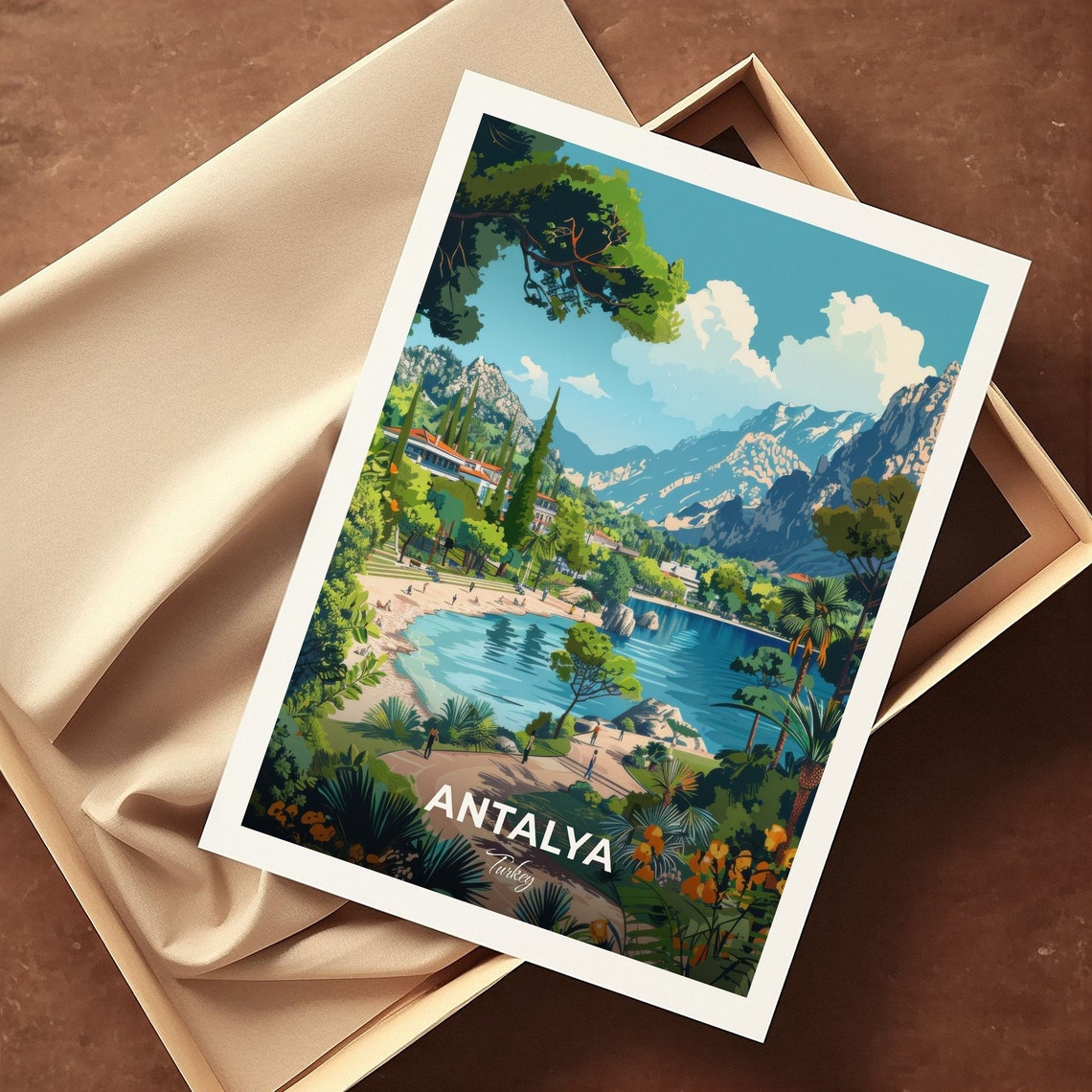 Antalya Lush Green Park Pond With Mountains Turkey Travel Poster - Image 3