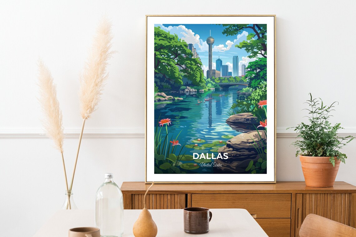 Dallas Reunion Tower Lake Reflection Skyline Oasis Travel Poster - Image 2