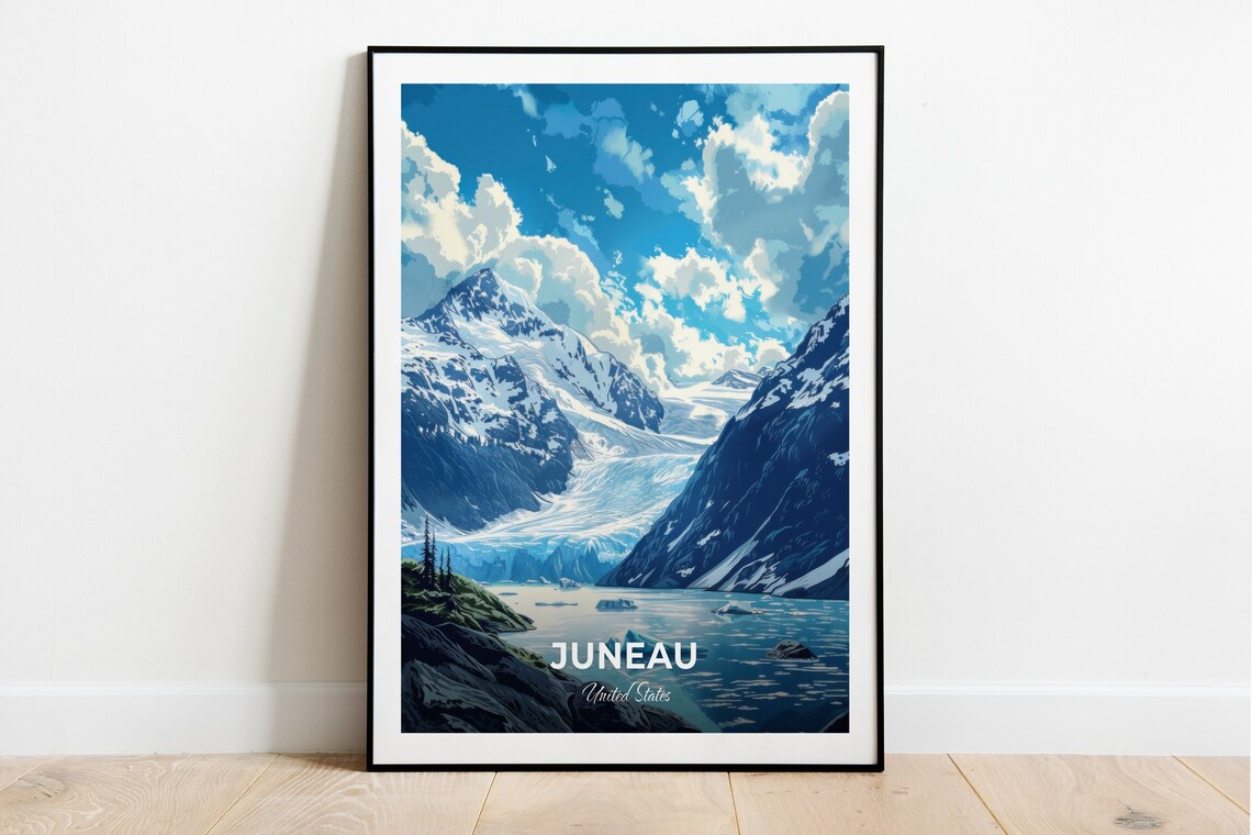 Juneau Alaska Glacier Lake Icebergs Snowy Peaks Travel Poster