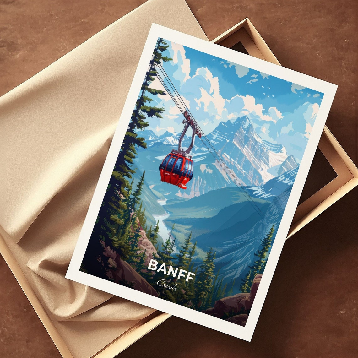 Banff Canada Travel Poster Red Gondola Mountain Valley Ride Artwork - Image 3