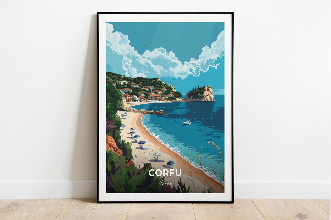 Corfu Greece Sidari Beach Bay White Houses View Travel Poster