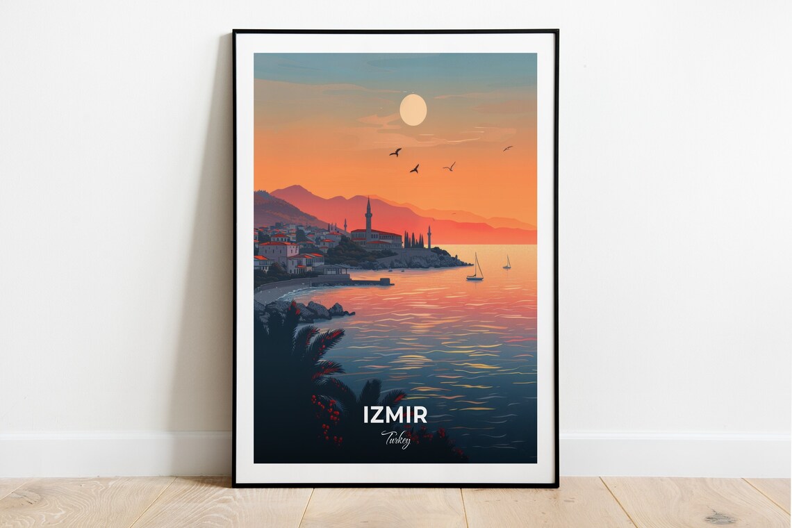 Izmir Turkey Coastal Sunset Travel Poster Harbour Sailboats Evening Light