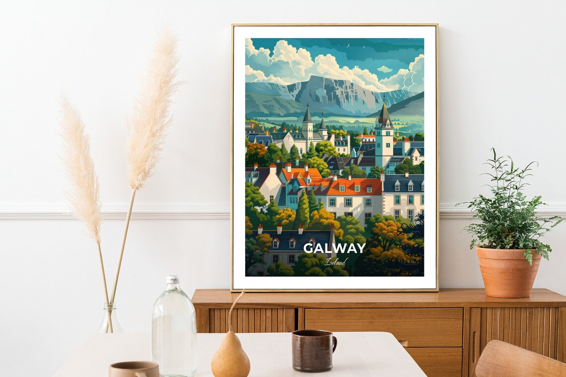 Galway Ireland Charming Town Skyline Travel Poster Mountain View Art - Image 2