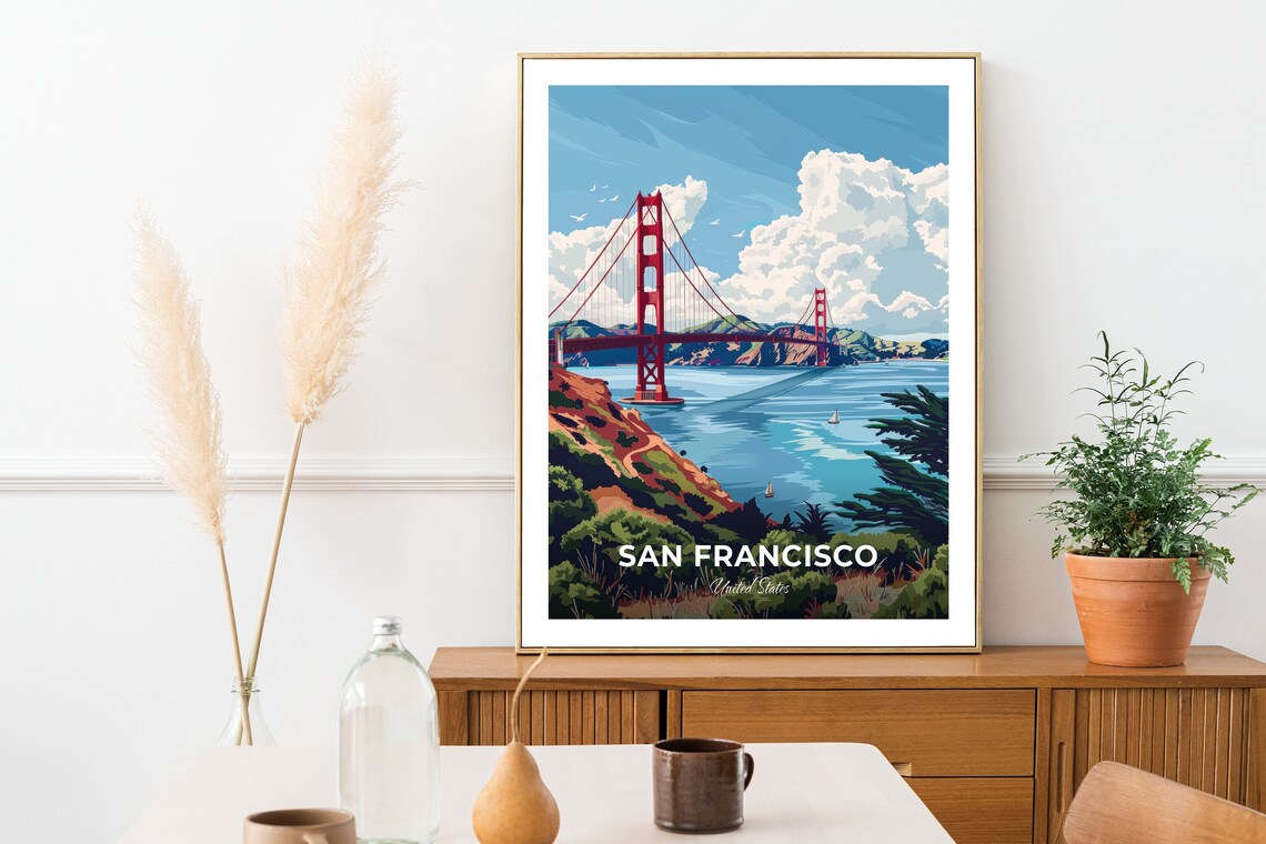 San Francisco Golden Gate Bridge Bay Sailboats USA Vintage Travel Poster - Image 2