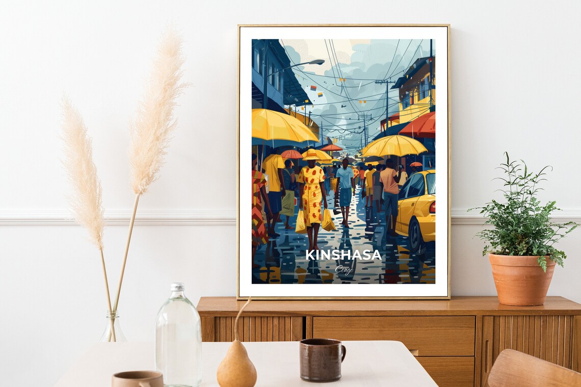 Kinshasa Central Market Rainy Street Umbrellas Vendors Congo Travel Poster - Image 2