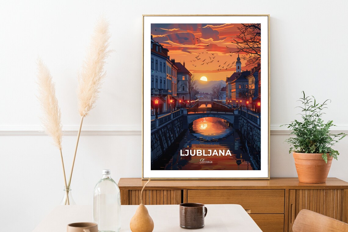 Ljubljana Slovenia Butchers Bridge River Sunset Birds Flying View Poster - Image 2