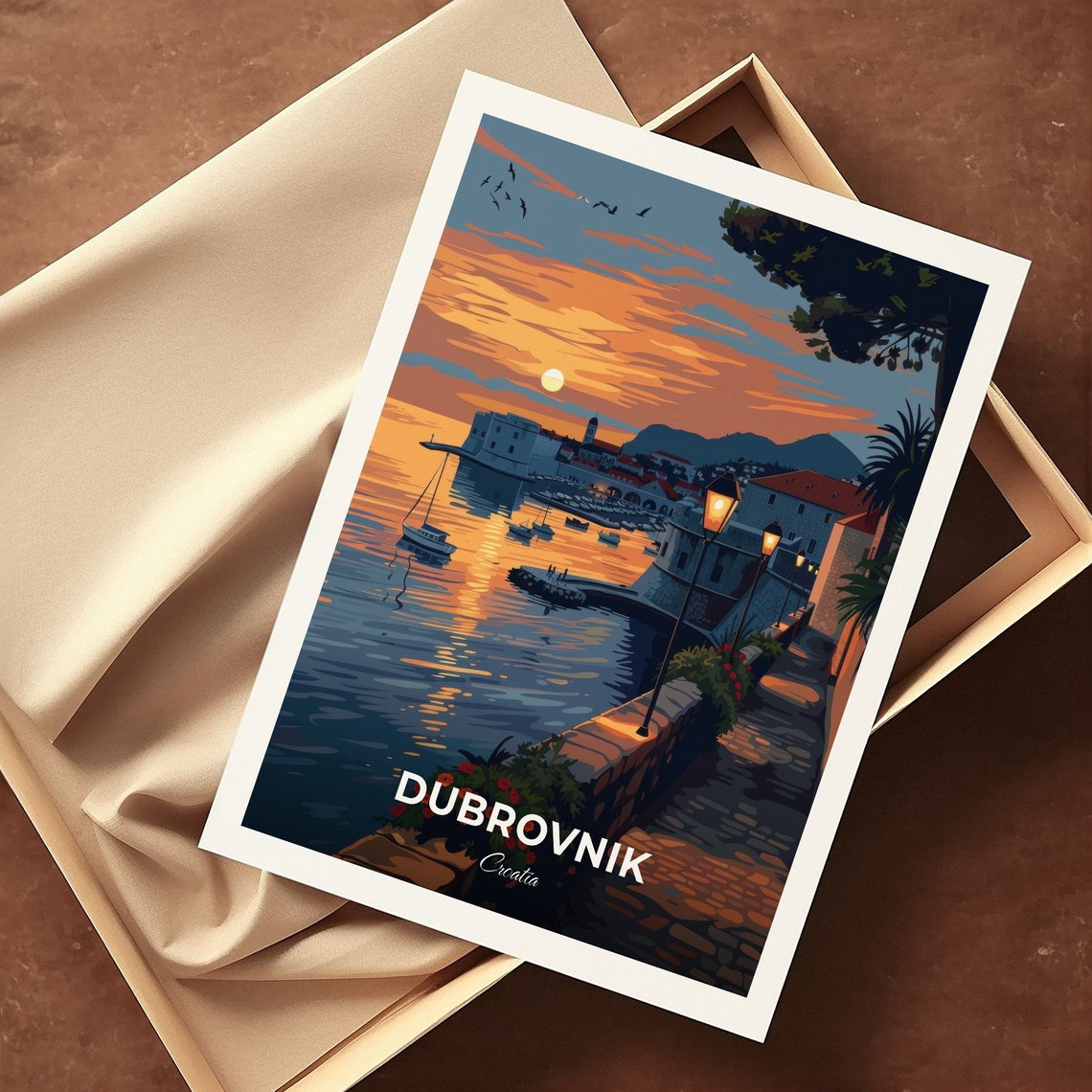 Dubrovnik Croatia Walled Old Town Golden Sunset Harbor Poster - Image 3