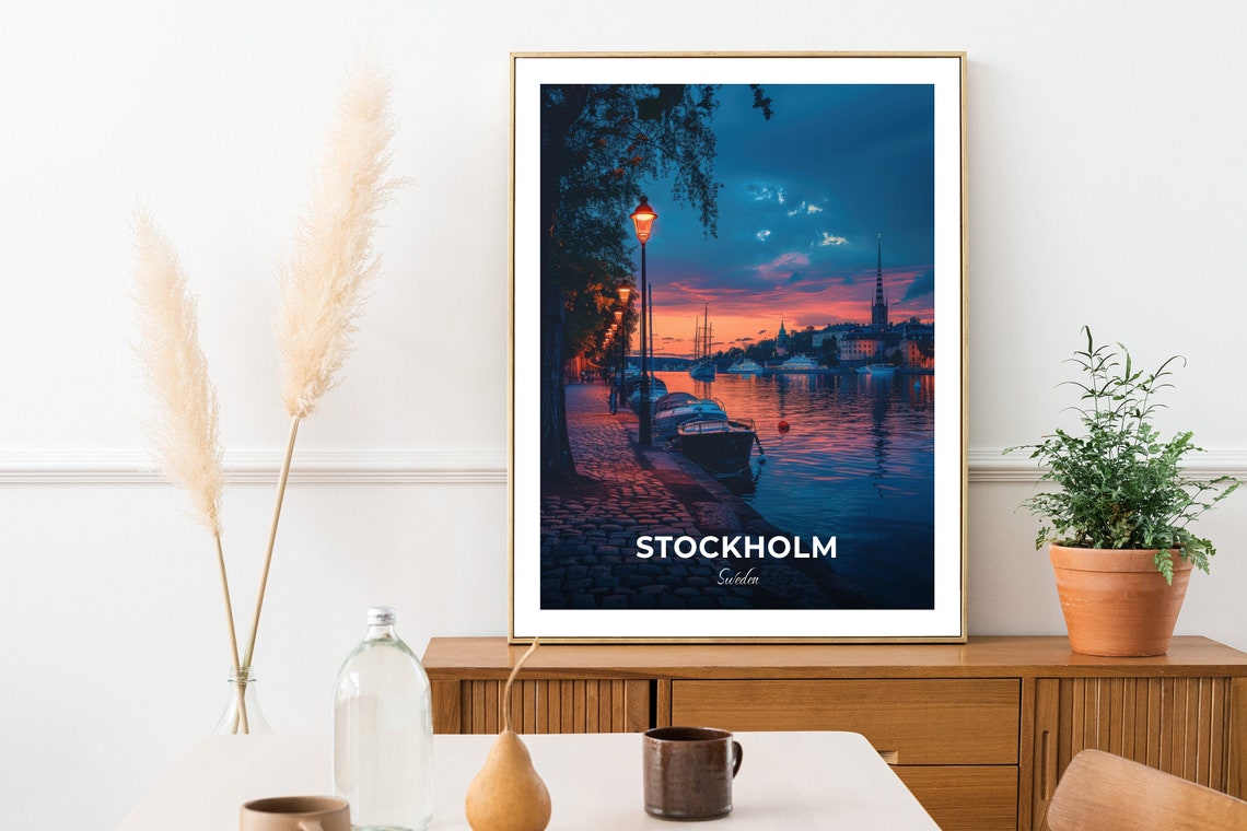 Stockholm Sweden Harbor Dusk Lamp Posts Boats Waterfront Poster - Image 2