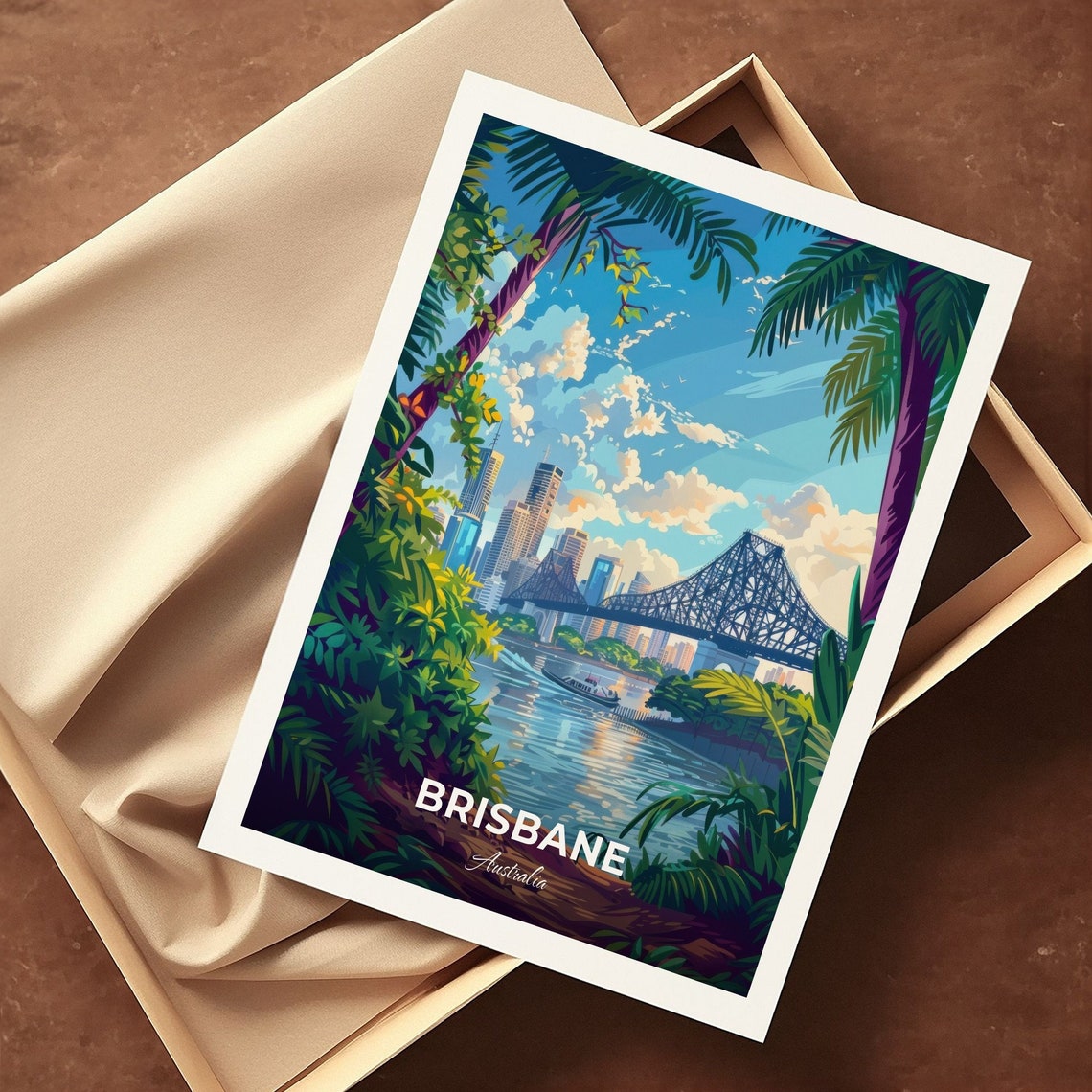 Brisbane Story Bridge River Skyline Palm Trees Travel Poster - Image 3