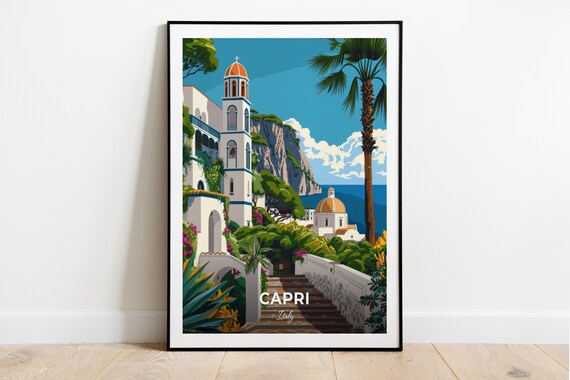 Capri Italy Historic Coastal Villa Bell Tower Cliffside Travel Poster