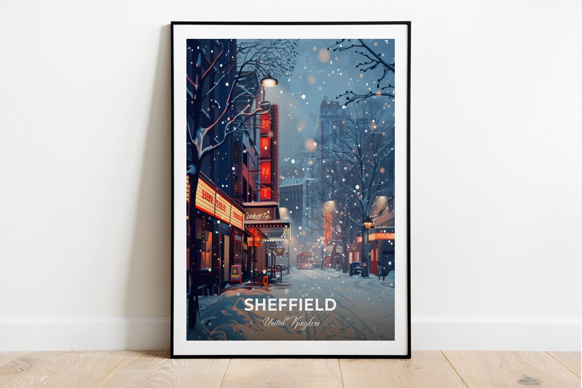 Sheffield United Kingdom Snowy Theatre District Street Night Travel Poster