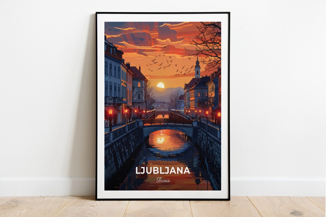 Ljubljana Slovenia Butchers Bridge River Sunset Birds Flying View Poster