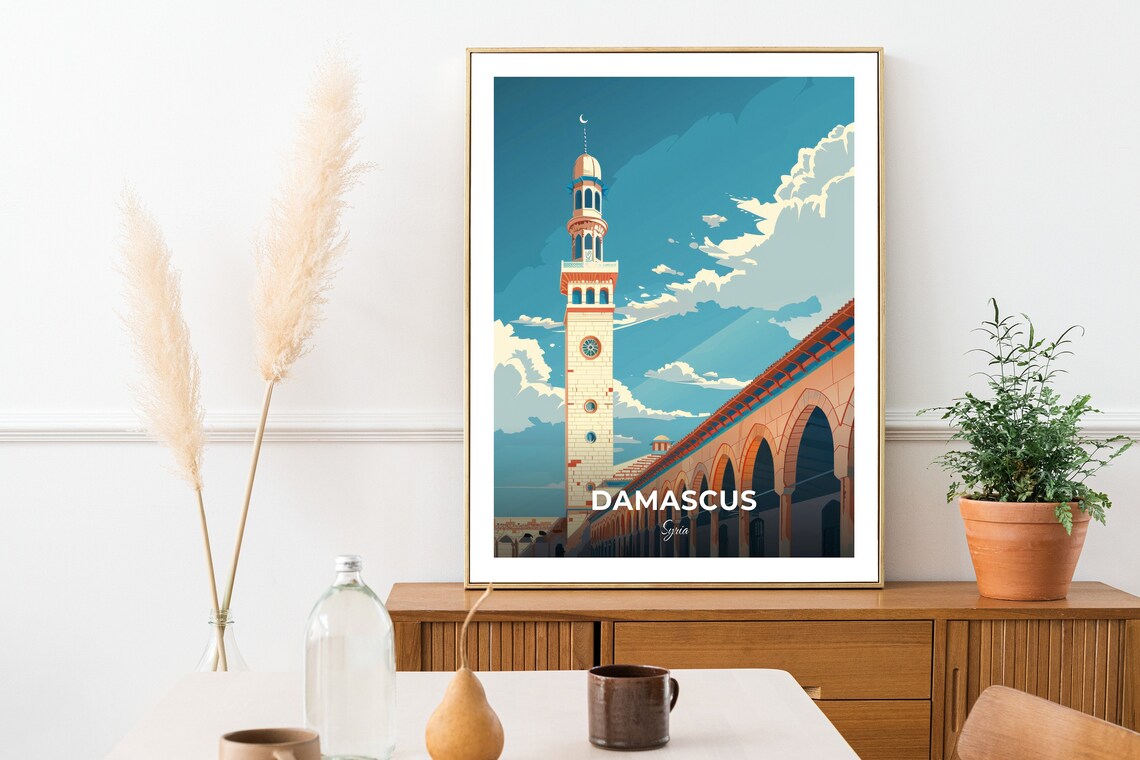 Damascus Ottoman Minaret Colonnade Crescent Sky Travel Scene Poster - Image 2