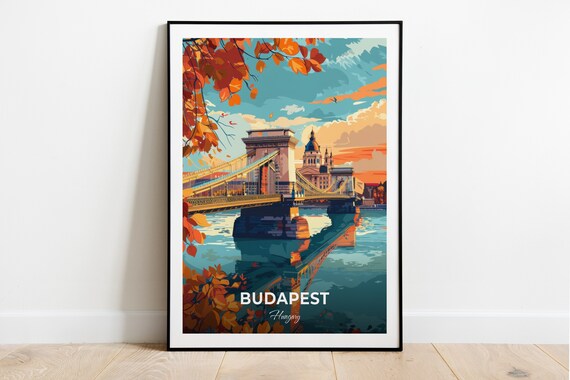 Budapest Hungary Chain Bridge Autumn Sunset River Travel Poster