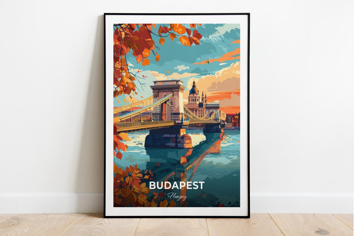 Budapest Hungary Chain Bridge Autumn Sunset River Travel Poster