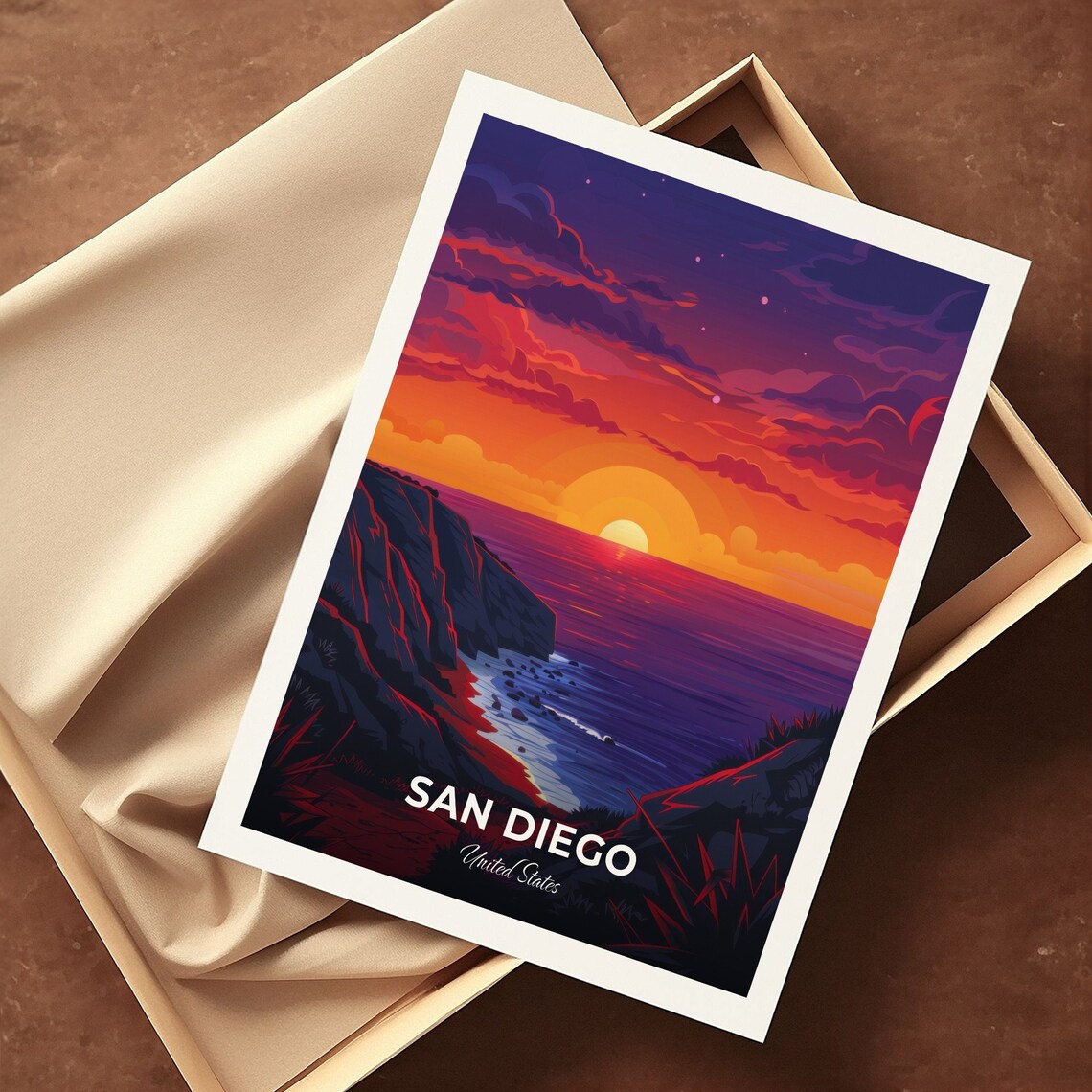 San Diego Sunset Over the Coastal Cliffs United States Travel Poster - Image 3