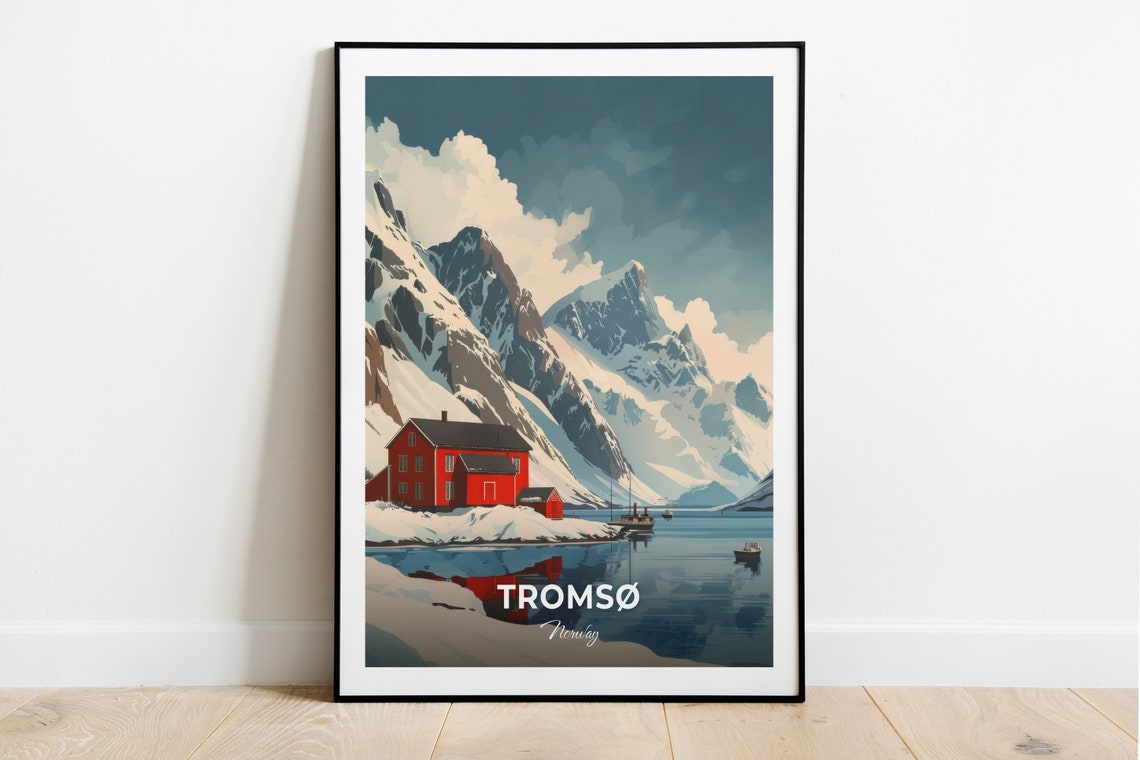 Tromso Norway Red Cabin Fjord Mountain Winter View Travel Poster