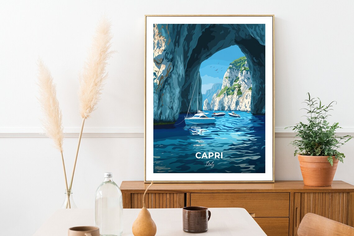 Capri Italy Blue Grotto Cave Arch Boats Turquoise Sea Travel Poster - Image 2