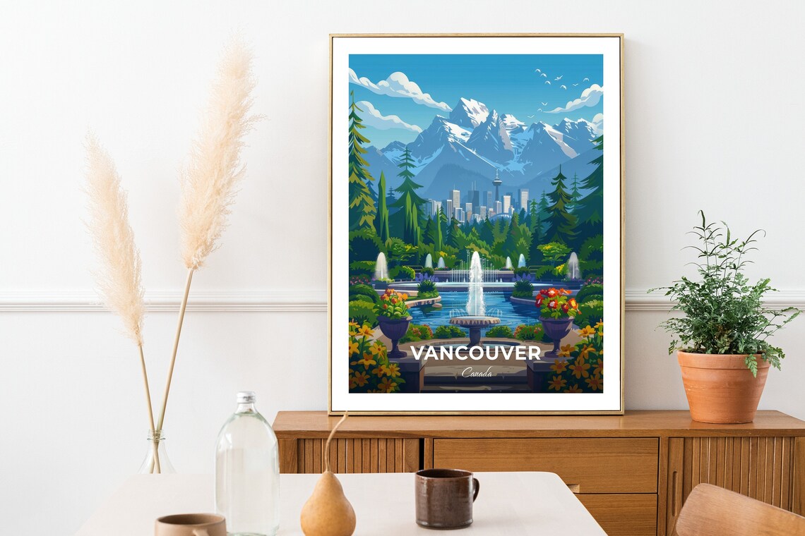 Vancouver Queen Elizabeth Park Fountain Skyline Travel Scene Poster - Image 2