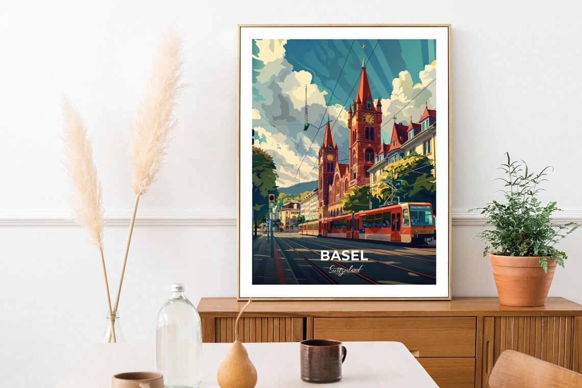 Basel Switzerland Red Church Towers Tram Street Scene Travel Poster - Image 3