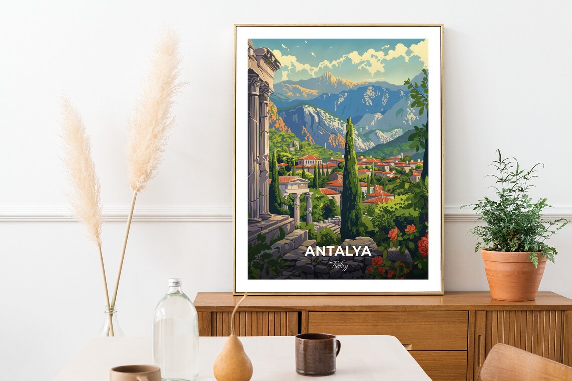 Antalya Ancient Ruins Overlooking Town And Mountains Turkey Travel Poster - Image 2