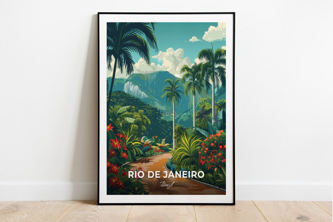 Rio de Janeiro Botanical Garden Palms Waterfall Brazil Travel Poster