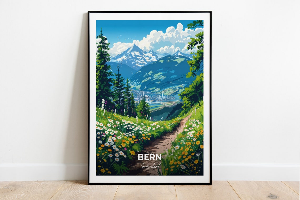 Bern Switzerland Alpine Meadow Wildflowers Snowy Peaks Mountain Poster