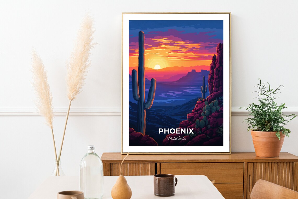 Phoenix Camelback Mountain Saguaro Sunset United States Travel Poster - Image 2