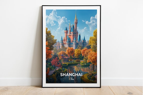 Shanghai Disneyland Fairytale Castle Autumn Park Travel Scene Poster