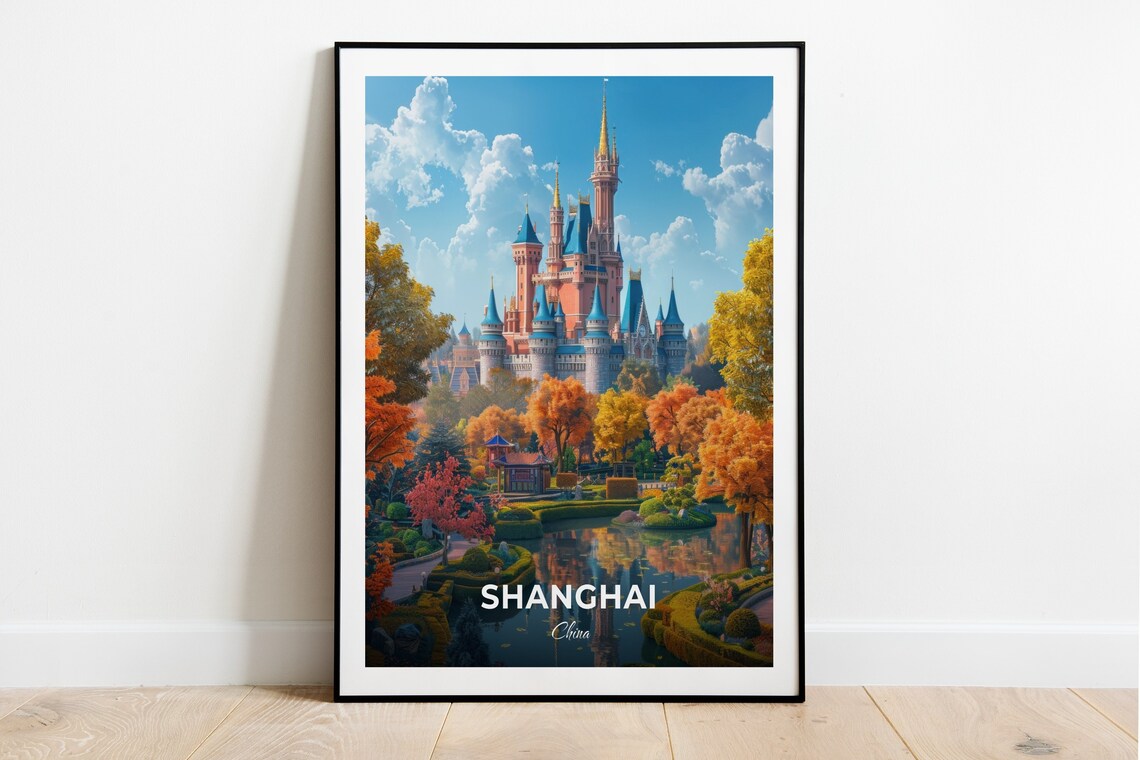Shanghai Disneyland Fairytale Castle Autumn Park Travel Scene Poster