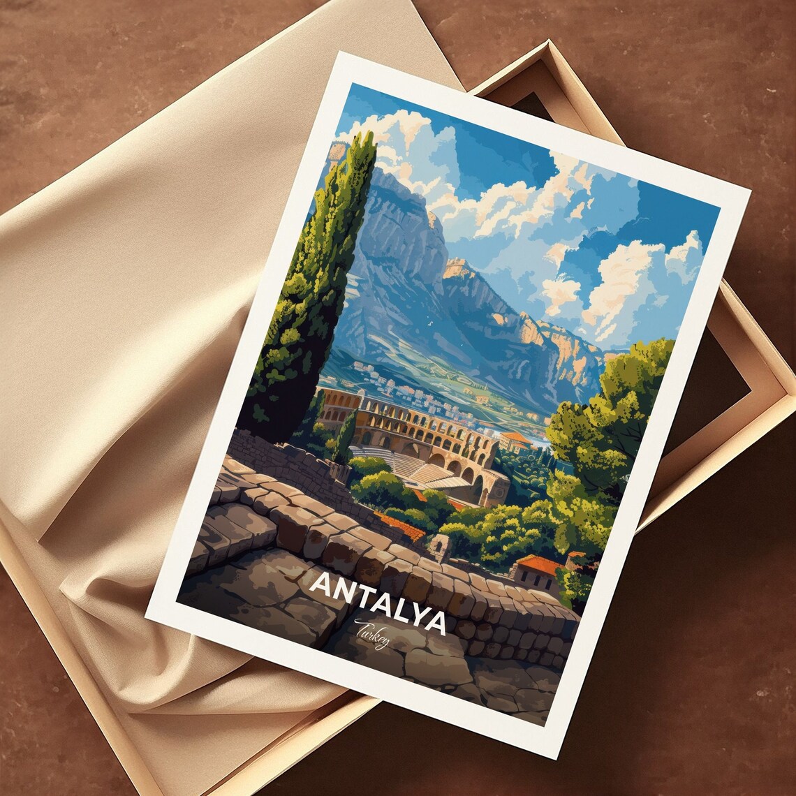 Antalya Turkey Aspendos Amphitheatre Travel Poster Mountain View Art - Image 3