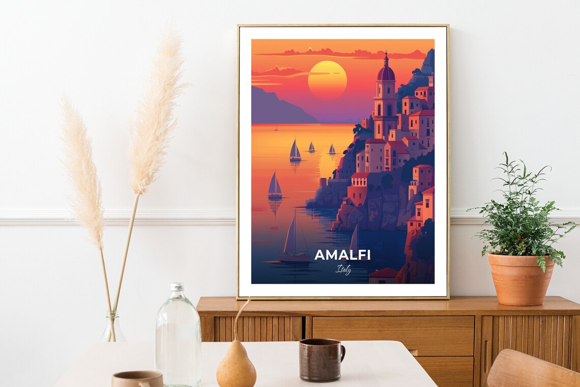 Amalfi Italy Cliffside Sunset Sailboats Coastline Travel Poster - Image 2