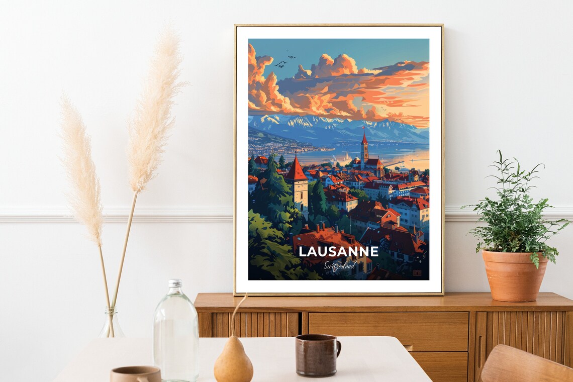 Lausanne Old Town Rooftops Alpine Lake Sunset Vista Travel Poster - Image 2