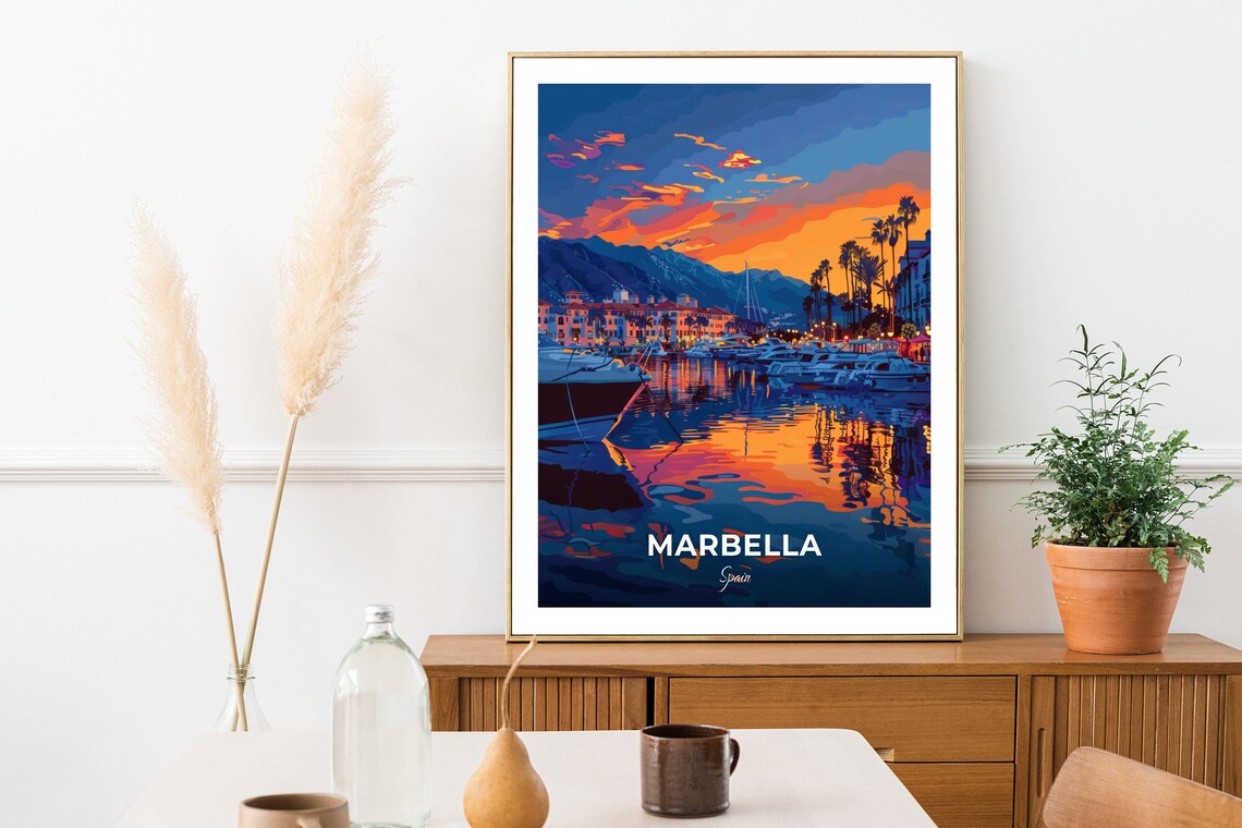 Marbella Spain Marina Yachts Sunset Harbor Reflections Travel Poster - Image 2