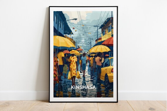 Kinshasa Central Market Rainy Street Umbrellas Vendors Congo Travel Poster