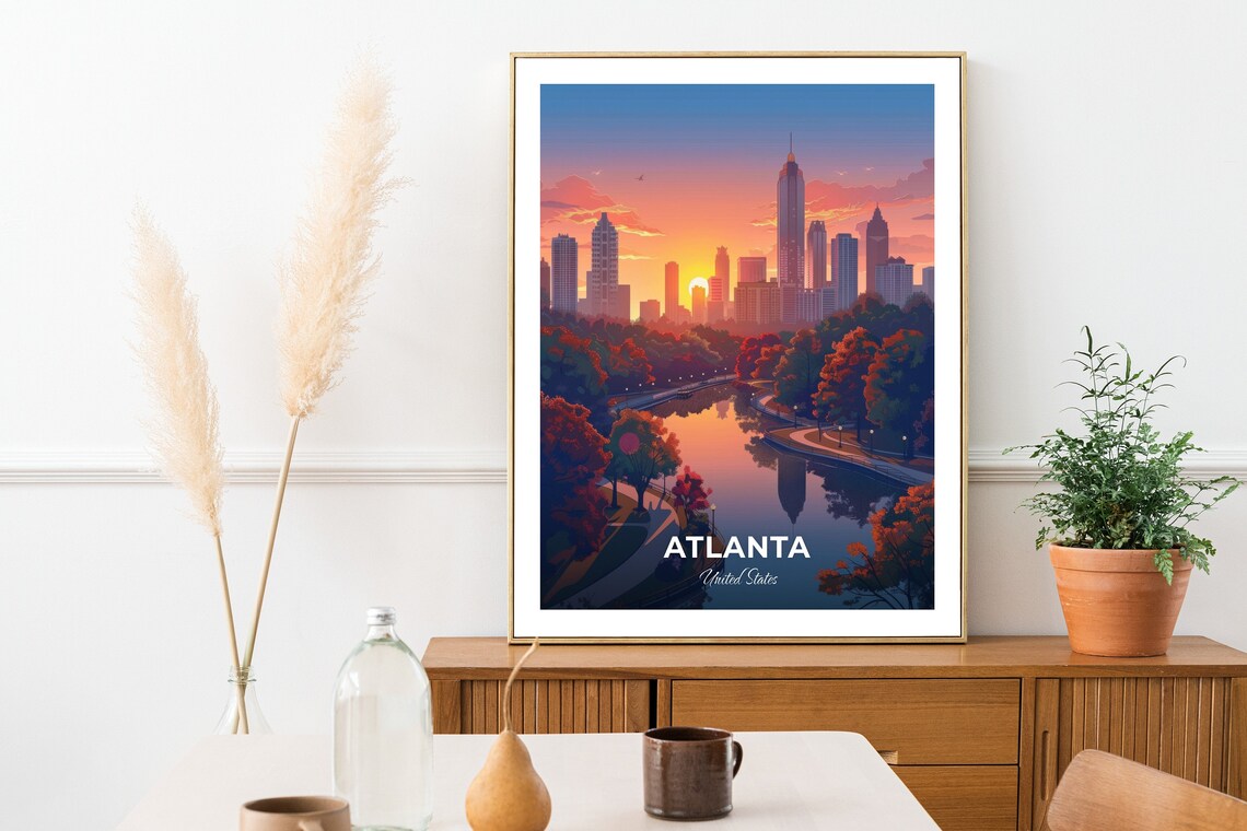 Atlanta United States Sunset Skyline Park Lake Reflections Art Poster - Image 2