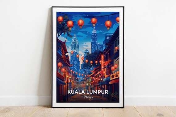 Kuala Lumpur Malaysia Night Lanterns and City Towers Travel Poster