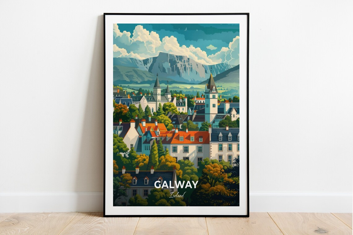 Galway Ireland Charming Town Skyline Travel Poster Mountain View Art