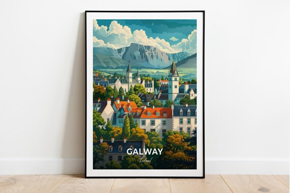 Galway Ireland Charming Town Skyline Travel Poster Mountain View Art