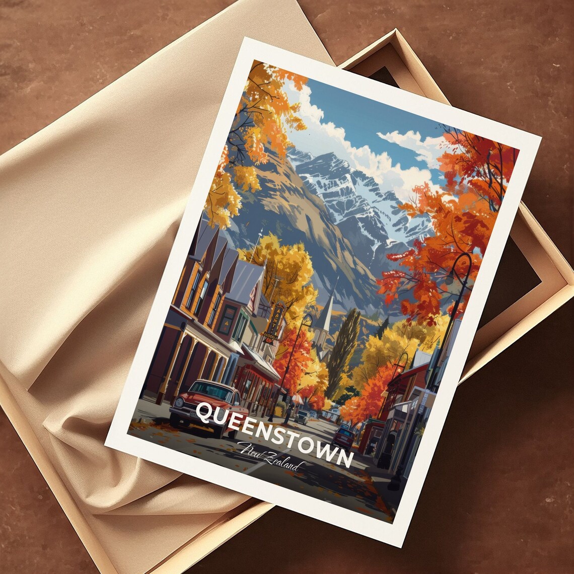 Queenstown Arrowtown Autumn Street Red Car Mountain Travel Poster - Image 3