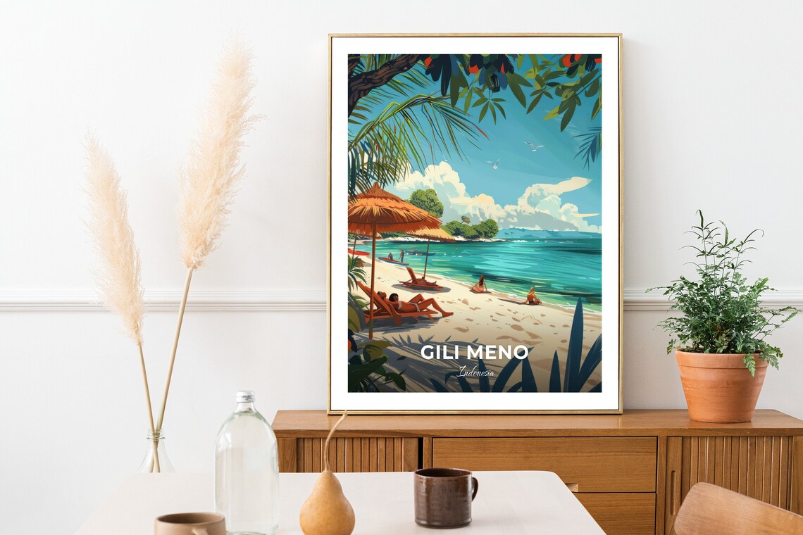 Gili Meno Sandy Beach Sunbathers Straw Umbrellas Indonesia Travel Poster - Image 3
