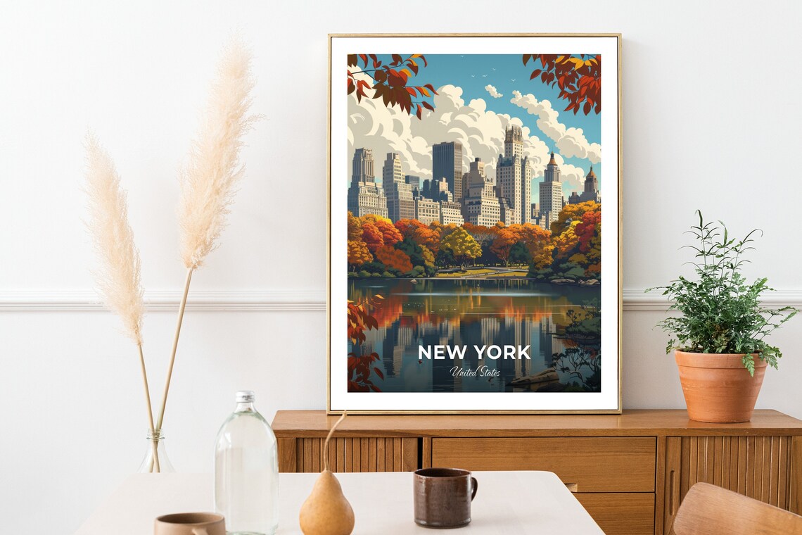 New York Central Park Autumn Skyline Reflection USA Travel Poster - Image 2